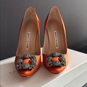 Manolo Blahnik Orange Satin Pumps with Embellished Buckle